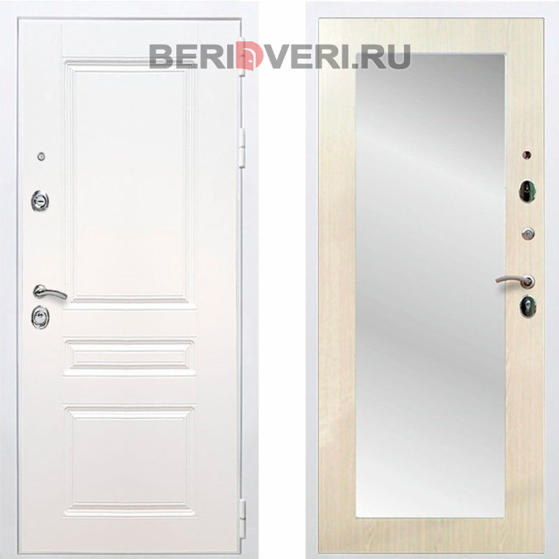 Металлическая дверь REX Премиум H Зеркало Пастораль Белый / Лиственница беж