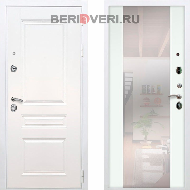 Металлическая дверь REX Премиум H Зеркало СБ-16 Белый / Ясень белый